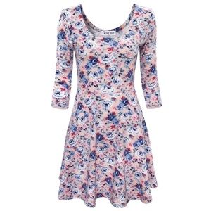TOMSWARE Women Pink Floral Print 3/4 Sleeve Scoop Neck fit and Flare Dress M